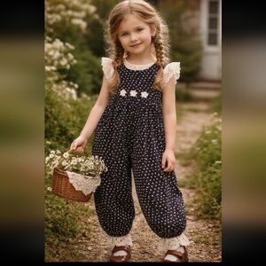 KIKS Vintage Navy Floral Corduroy Jumpsuit Romper Girls 5T
